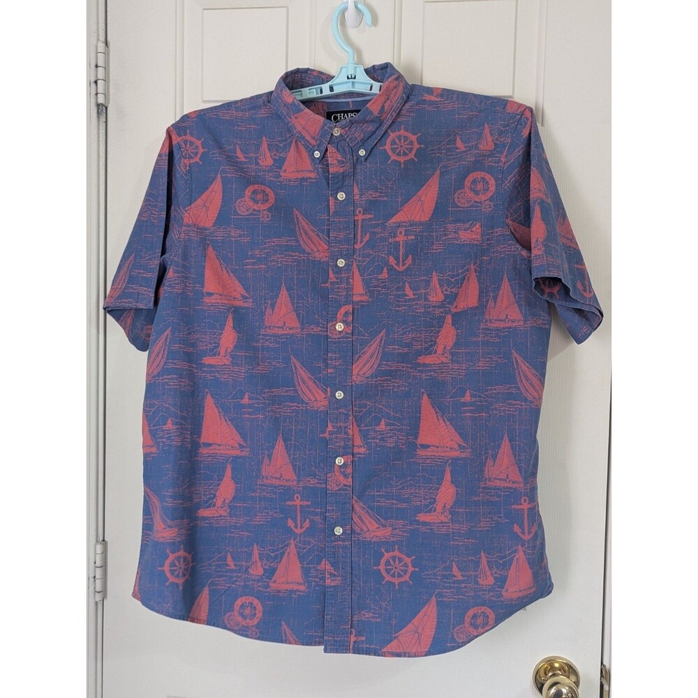Chaps Button S/S Shirt Mens XL Blue Red Nautical Sailboat Coastal Beach Resort